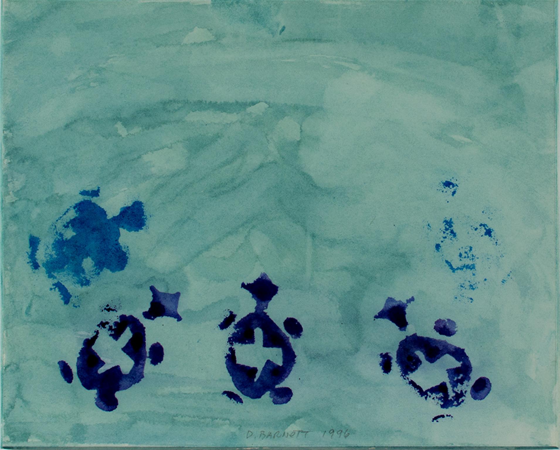 "Morph Dogs Disguised as Turtles, Beaver Lake-Turtle Day" ist ein Original-Aquarell von David Barnett, signiert unten in der Mitte. Inspiriert von dem See in der Nähe seines Hauses, hat der Künstler ein türkisfarbenes Feld gemalt, wobei er die Farbe