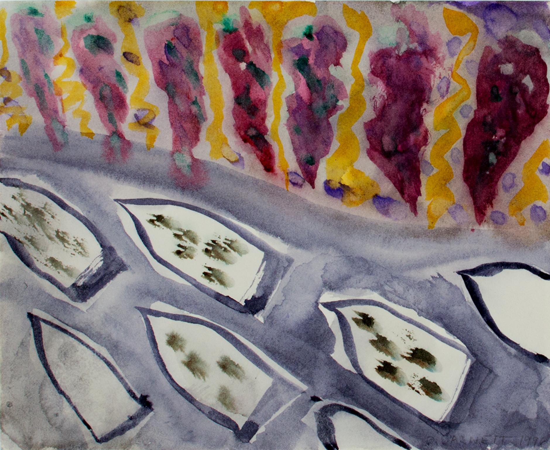 "Hot Irons & Chili Peppers" Acquerello astratto originale firmato da David Barnett