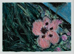 „Rosa Mohn auf der Vordertür“, Original pastellfarbene Zeichnung signiert von David Barnett