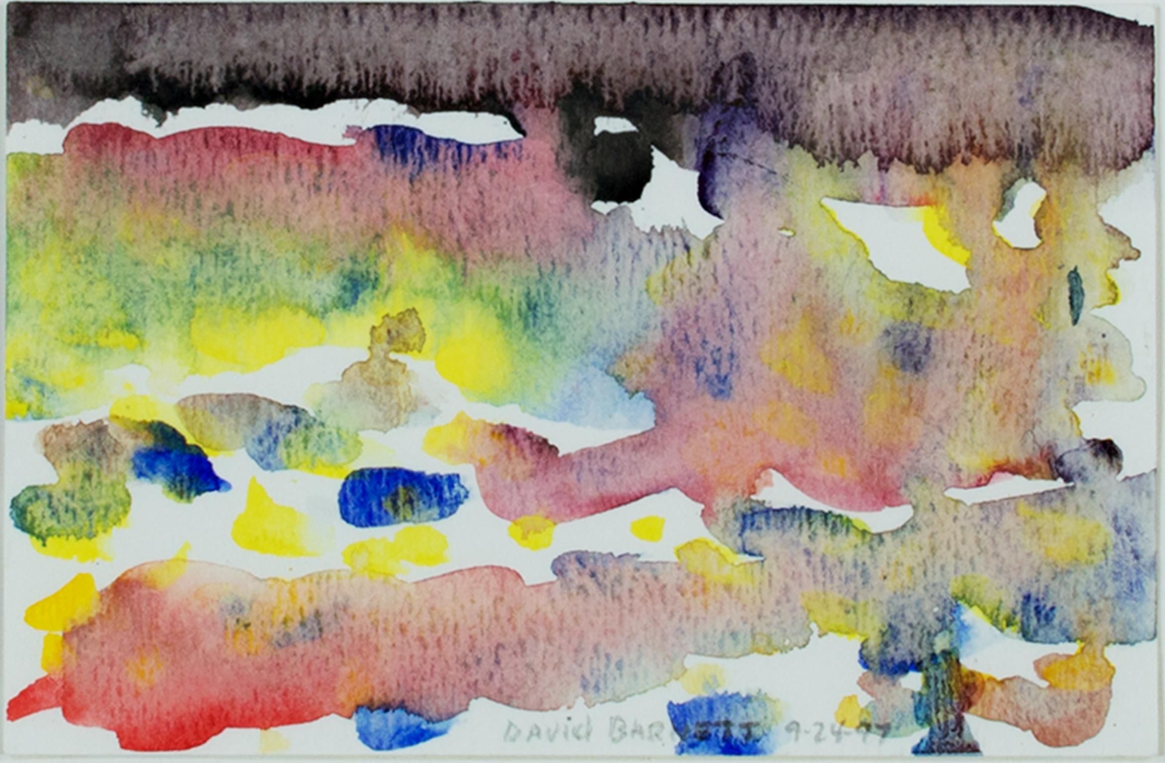 "Postcard Size Impression of Autumn at Star Lake, WI" ist ein Original-Aquarell von David Barnett, signiert in der unteren Mitte. Das Werk ist eine abstrakte Darstellung der Spiegelungen des herbstlichen Laubes auf der ruhigen Oberfläche des