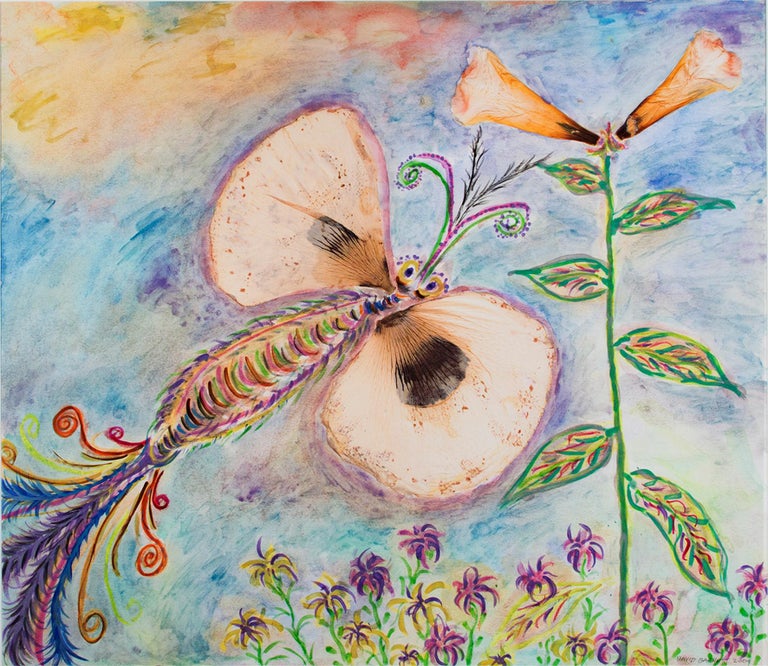 "Poppy Winged Hybrid Butterfly and Giant Gold Lily" is an original mixed media piece by David Barnett, signed in the lower right. It incorporates giclee printing, watercolor, iridescent acrylic, and ink. It features a butterfly with wings made out