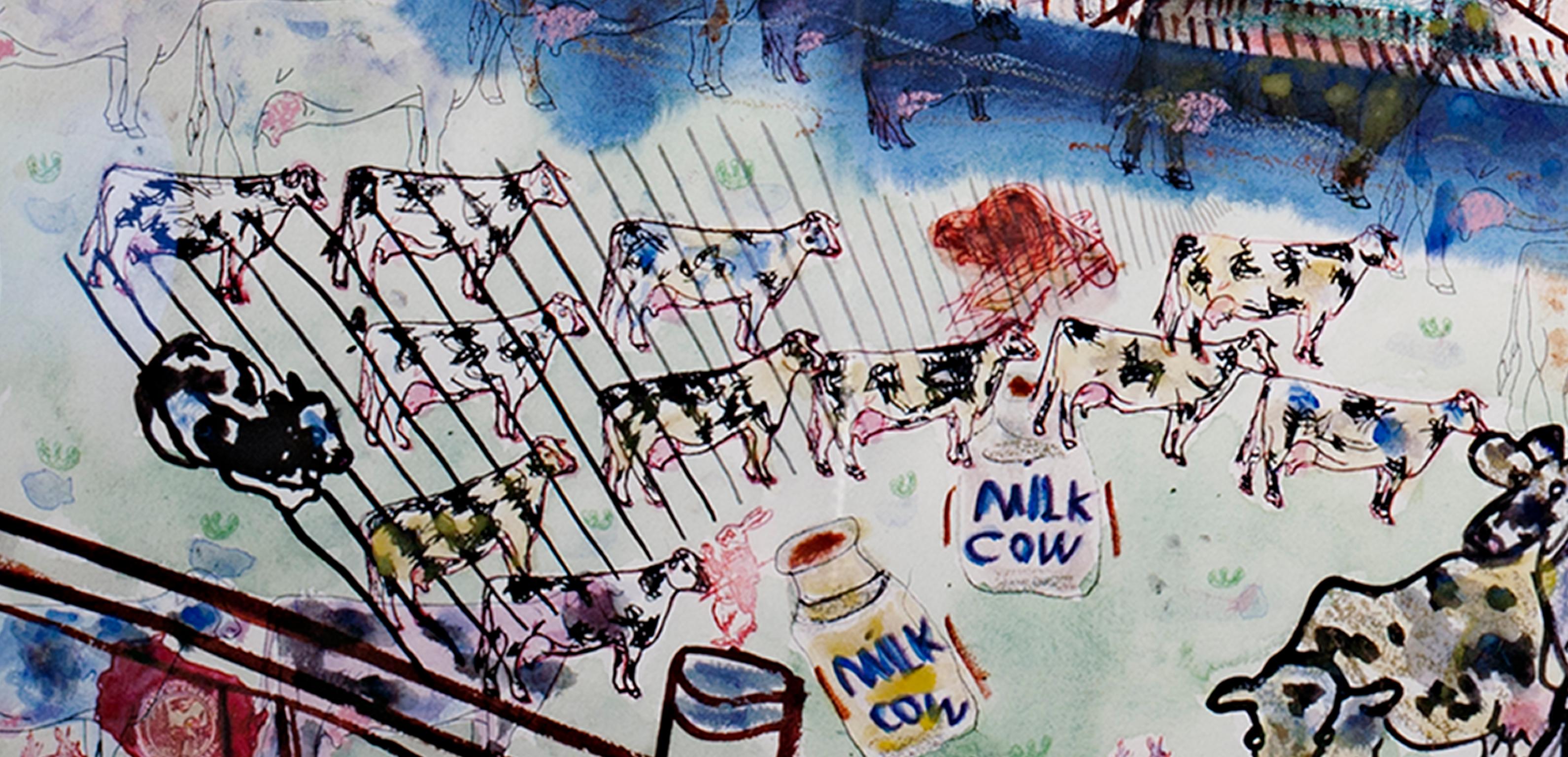 „Gehl Dairy Farm“, Original Mixed Media- Surrealist, signiert von David Barnett im Angebot 3
