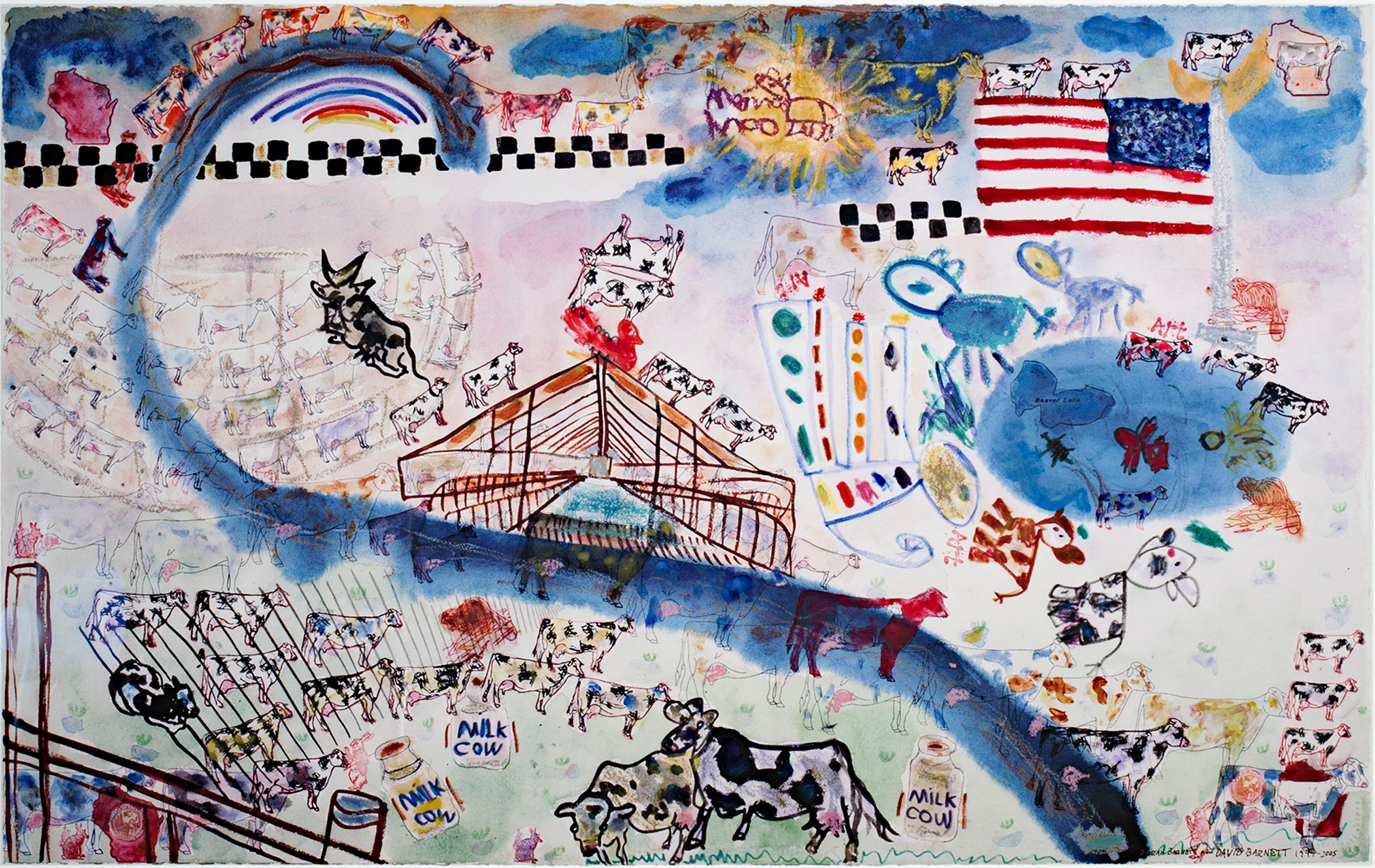 "Gehl Dairy Farm" ist eine Originalarbeit in Mischtechnik von David Barnett und seiner Tochter Sarah Barnett, signiert und datiert unten rechts. Dieses 1997 begonnene und 2005 vollendete Werk ist eine surreale Darstellung eines Milchviehbetriebs,