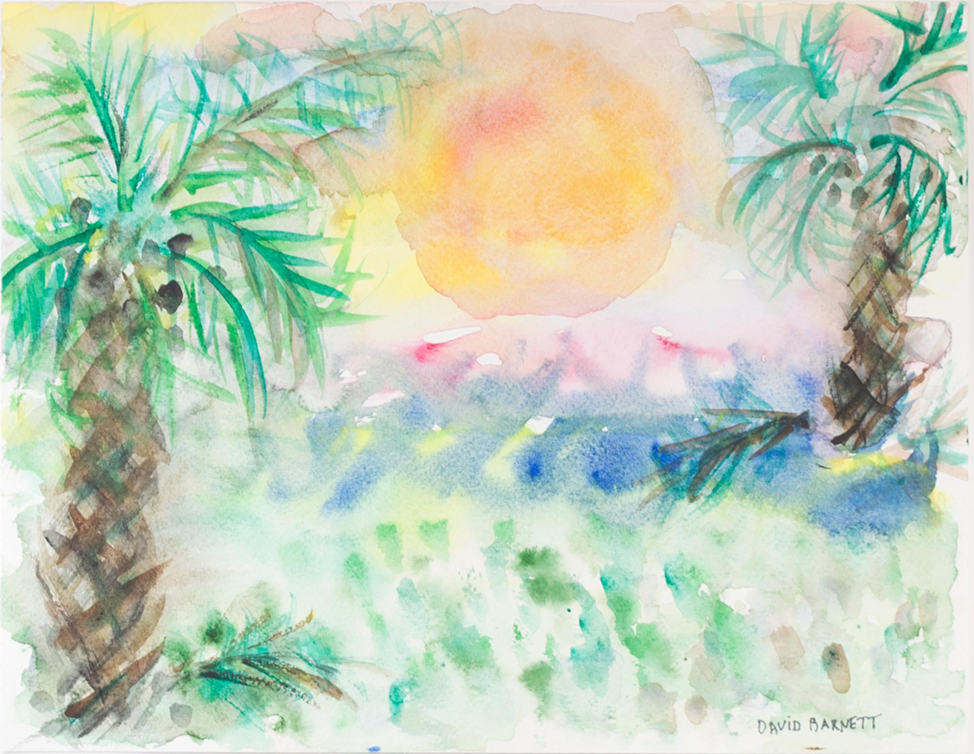"Florida Gulf Coast - Sanibel Island Sunset" ist ein Original-Aquarell von David Barnett, signiert in der unteren rechten Ecke. Mit impressionistischen Pinselstrichen versinkt eine große gelb-orangefarbene Sonne über dem blauen Golf, rosa und gelbe
