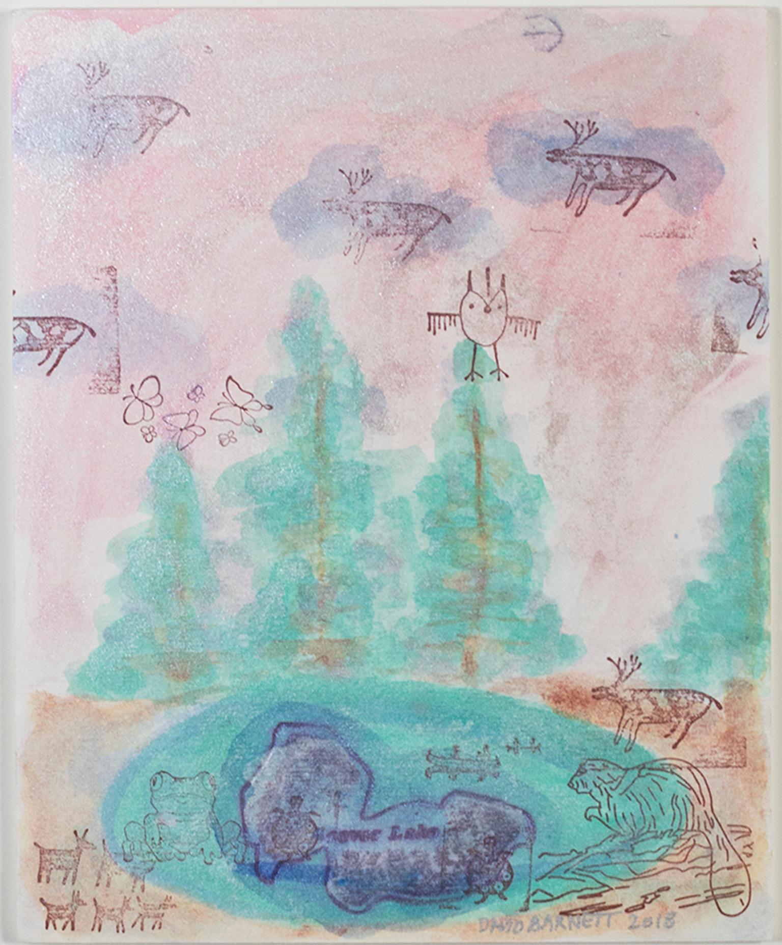 "Beaver Lake with Reindeer Clouds," Original Watercolor signed by David Barnett