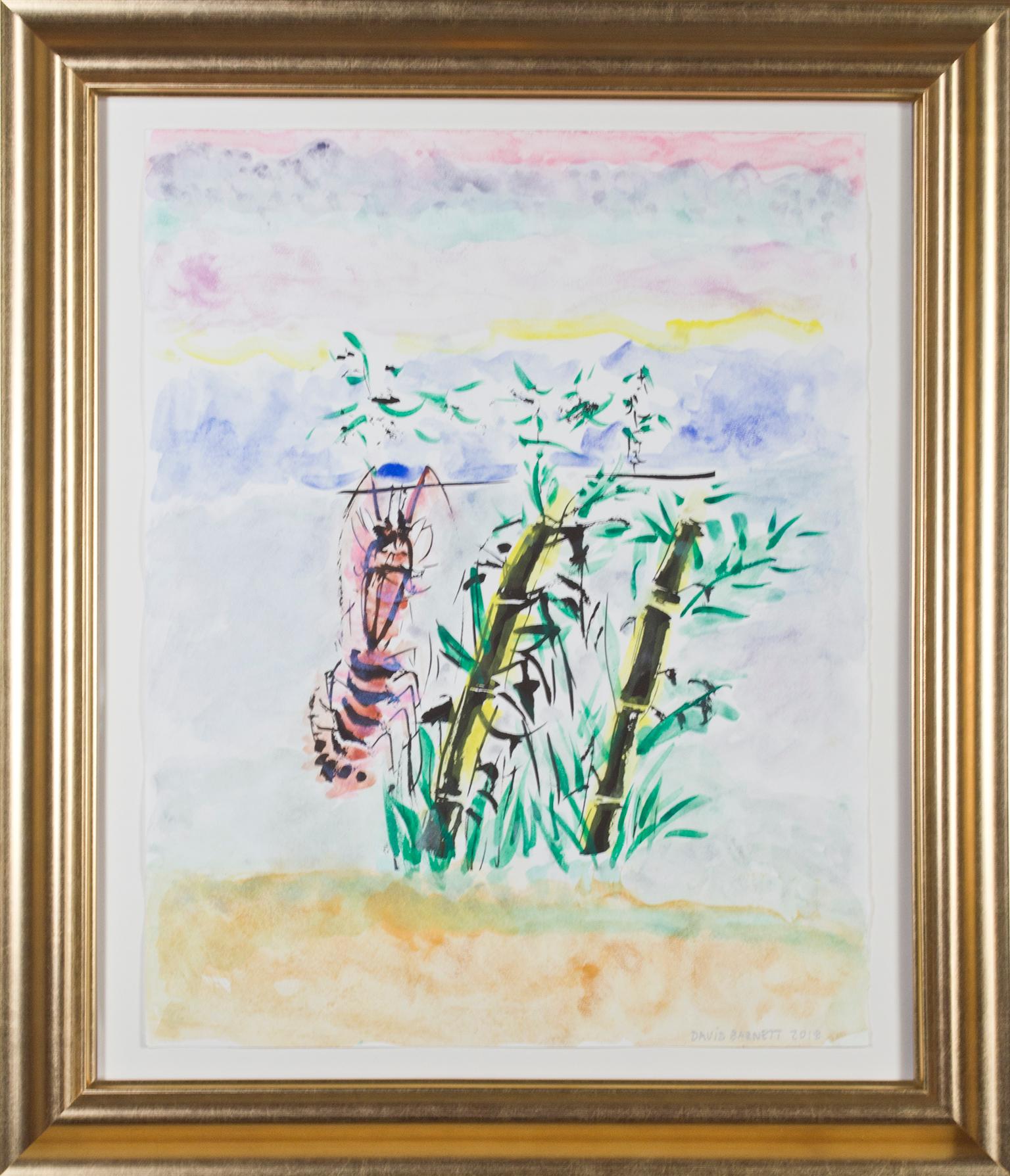 „Bamboo & Lobster“, Original Surreale Tinte und Aquarell signiert von David Barnett im Angebot 3