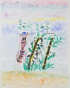 „Bamboo & Lobster“, Original Surreale Tinte und Aquarell signiert von David Barnett