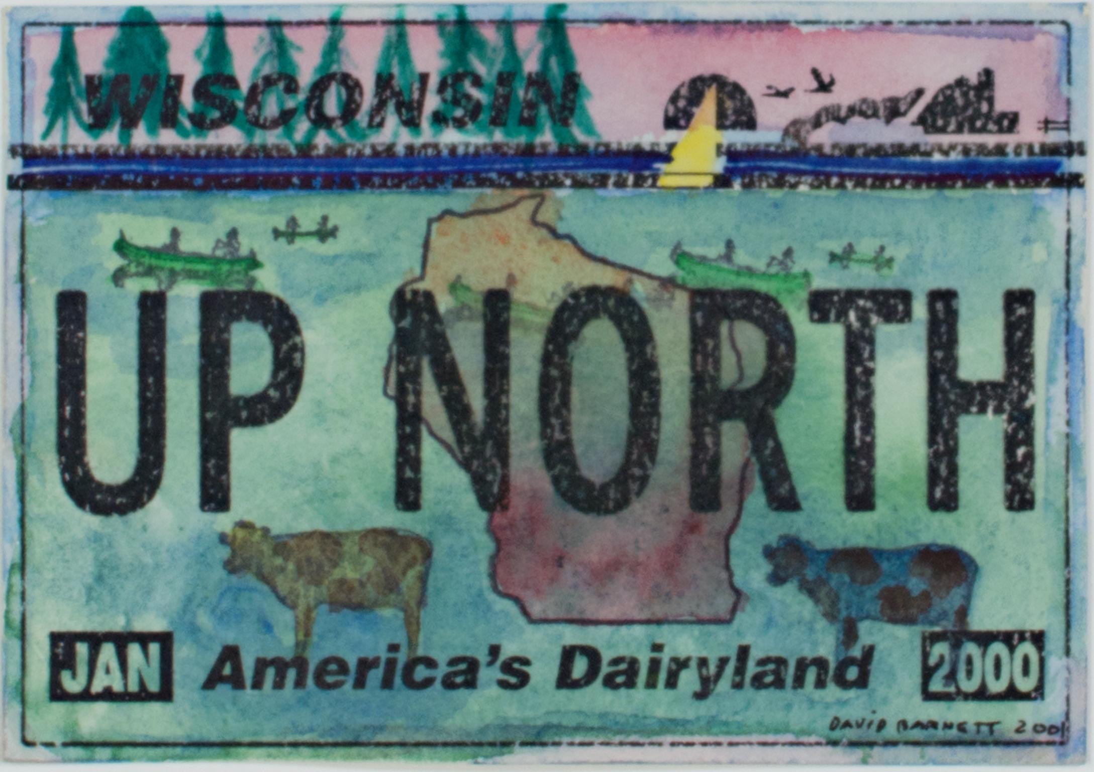 "Up North Wisconsin Series: Two Cows with Canoeists" is an original mixed-media piece by David Barnett that features watercolor, ink, and rubber stamps. The piece features a stamp of a Wisconsin license plate that reads "UP NORTH." In the