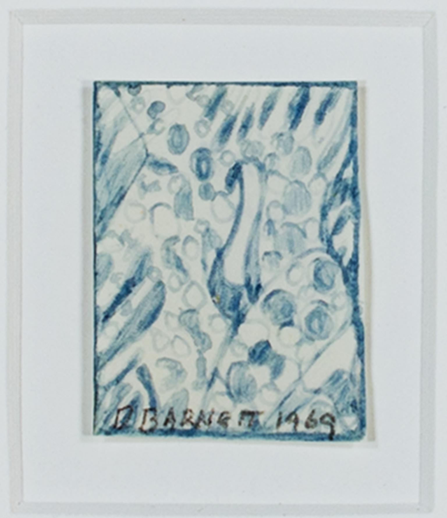 "Bird" is an original pencil drawing by David Barnett, signed along the bottom edge. The entire work is about the size of a postage stamp and includes an abstract representation of a bird amid foliage. 

Art size: 1 1/2" x 1"
Frame size: 8" x 7
