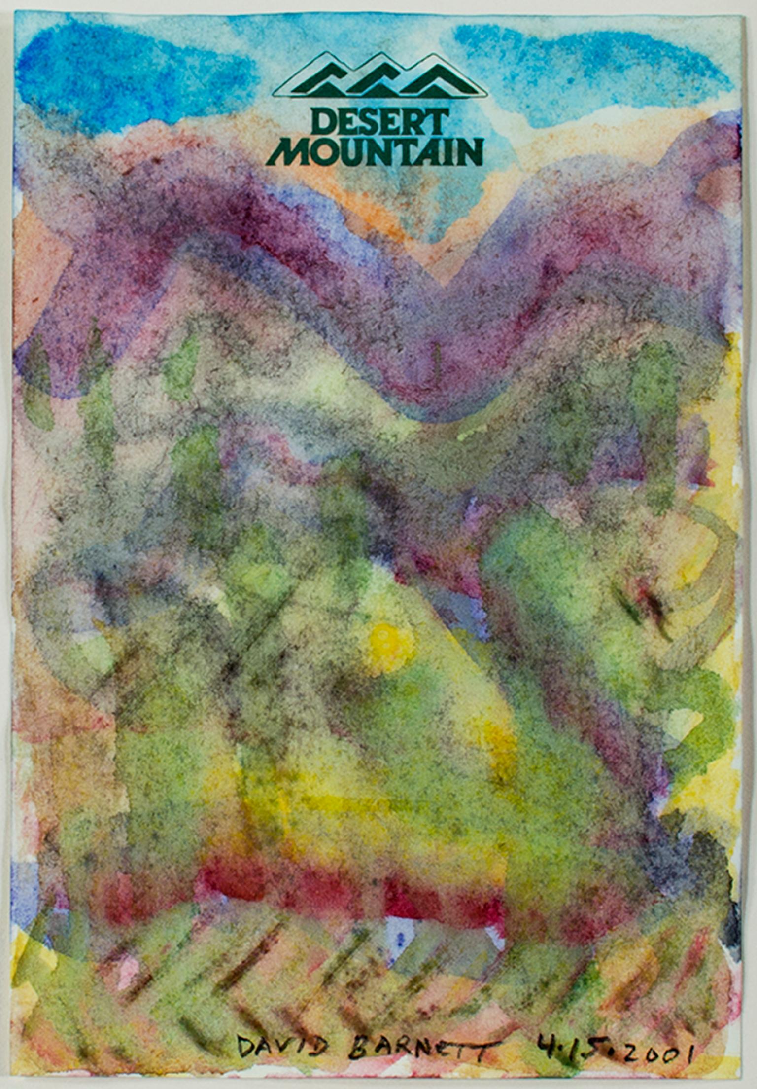 "Recuerdo de la Montaña del Desierto" es una acuarela original pintada sobre papel de carta de hotel por David Barnett, firmada en la parte inferior central. Mientras visitaba el suroeste, el artista se inspiró en los coloridos paisajes desérticos,