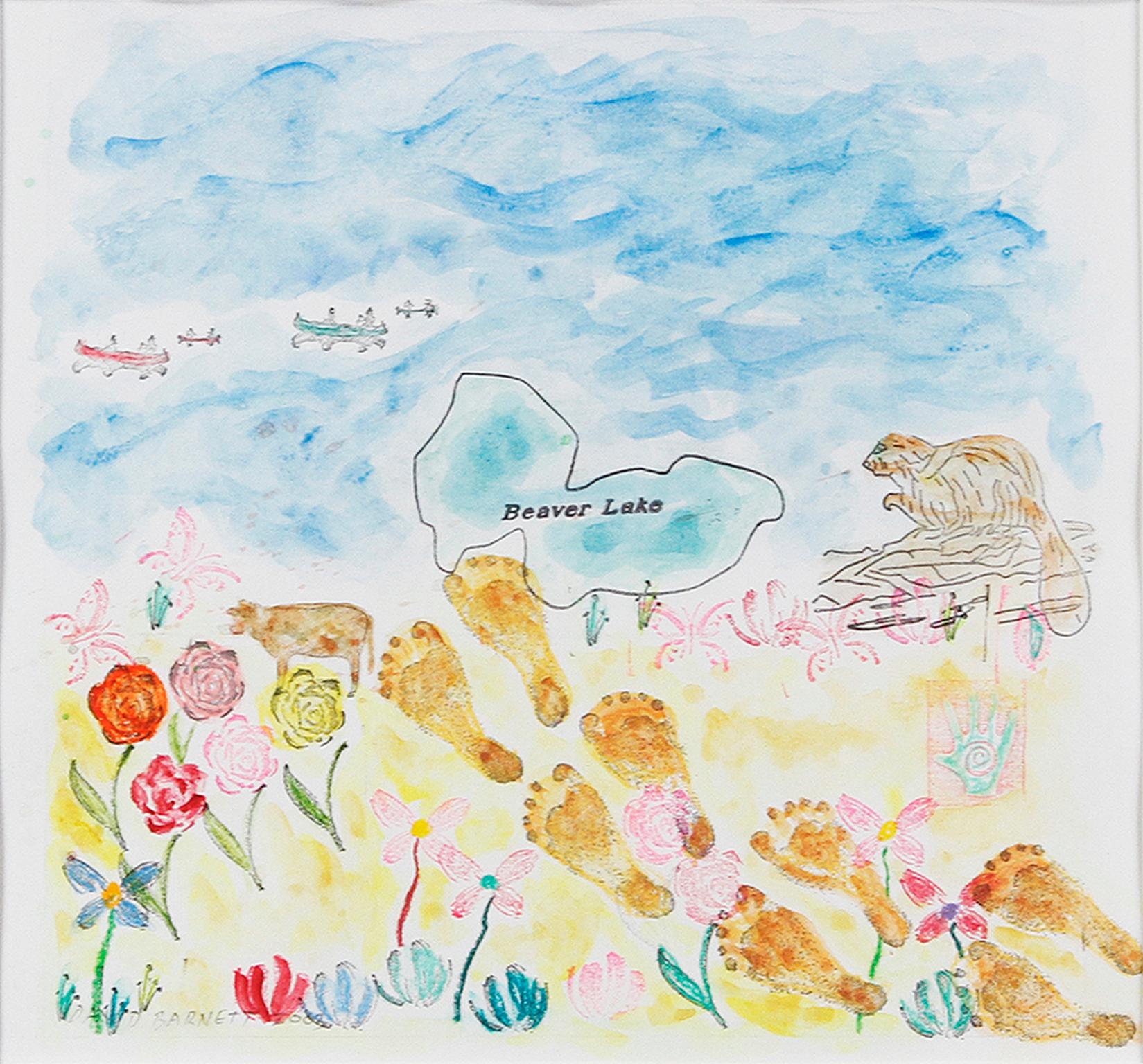 "For Beaver Lake Yacht Club Dinghy" ist ein Original-Aquarell von David Barnett, signiert unten links. Dieses Stück wurde 2003 für die Jollenabdeckung des Yachtclubs entworfen. Das Werk zeigt ein mit Blumen übersätes Seeufer und Fußabdrücke im Sand.
