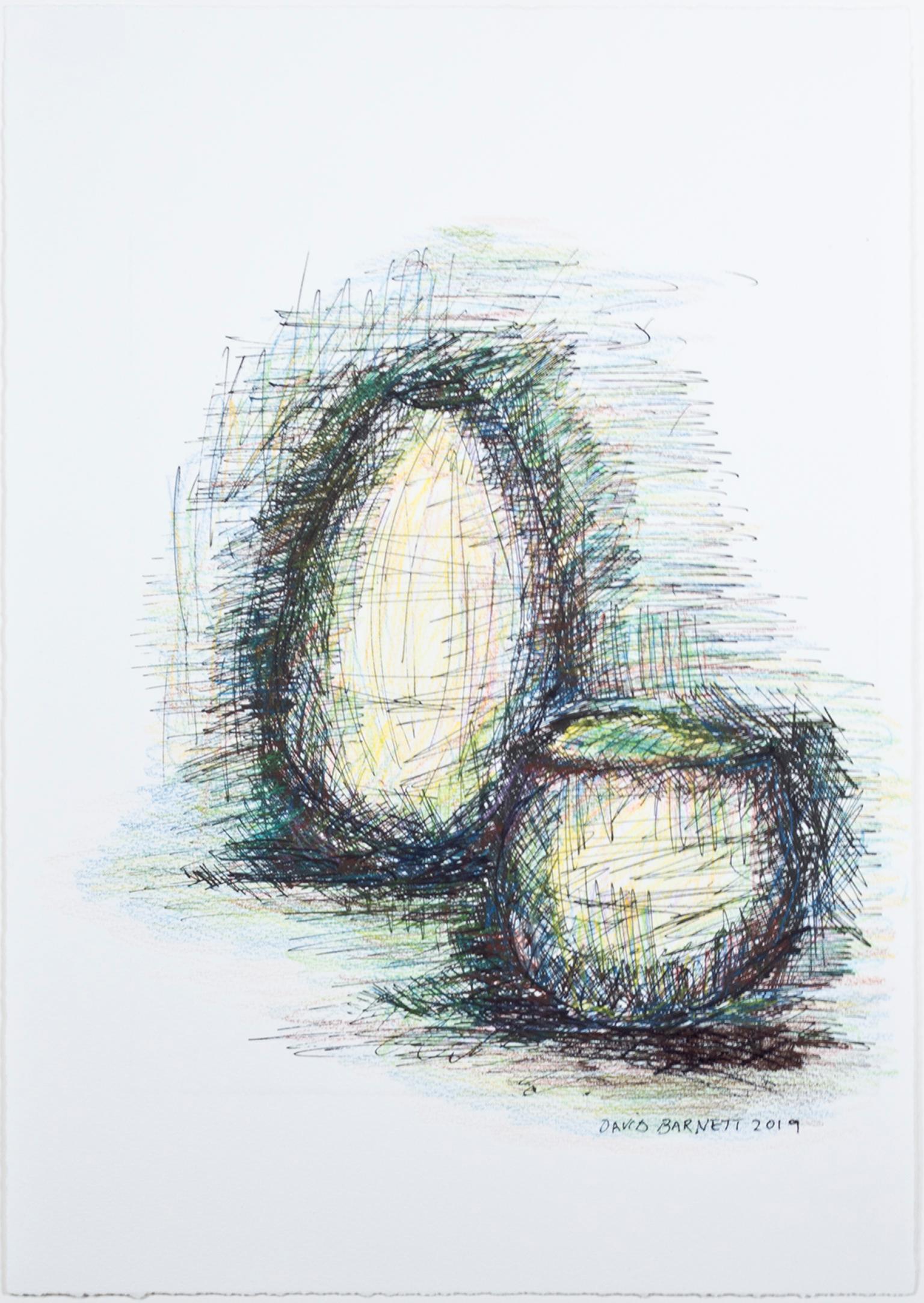 "Two Vases" est un dessin original à l'encre et au crayon gras de David Barnett, signé et daté en bas à droite. Ce dessin est composé de lignes noires hachurées, accentuées par une myriade de lignes colorées.

Taille de l'œuvre : 16 1/2" x 11