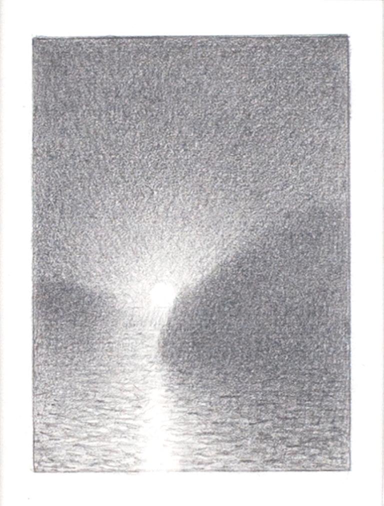 "Light 2010 #3" is an original graphite drawing on paper by Bill Teeple, signed in pencil in the lower right. This small image of a sunrise over the water is surrounded by a large white mat, isolating this intimate work so that it may be viewed on