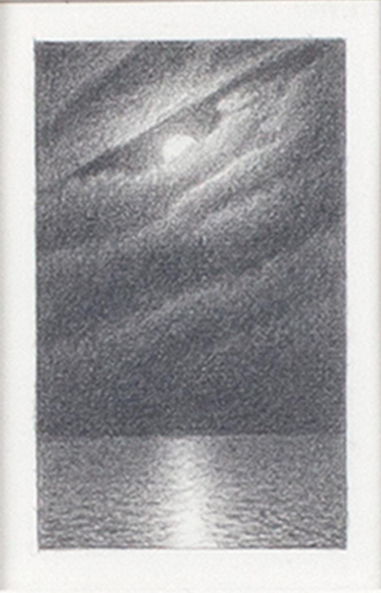Bill Teeple Landscape Art – Contemporary Miniature Graphitstift Seelandschaft Zeichnung schwarz und weiß signiert