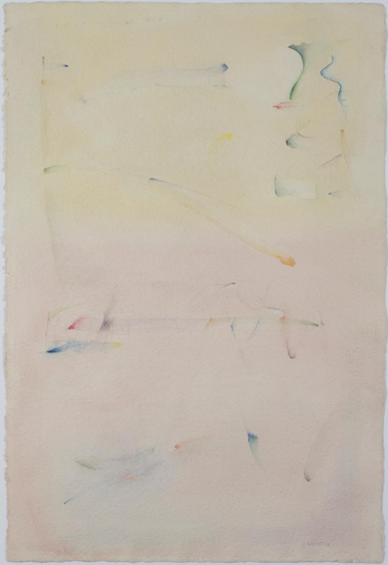 "Land, Sea & Sky" ist ein Original-Aquarell von David Barnett, signiert unten rechts. Dieses gestische, abstrakte Werk zeigt zwei leicht verwaschene Farbfelder: Gelb oben und Orange unten. Die Seite ist gefüllt mit spontanen kleinen Pinselstrichen
