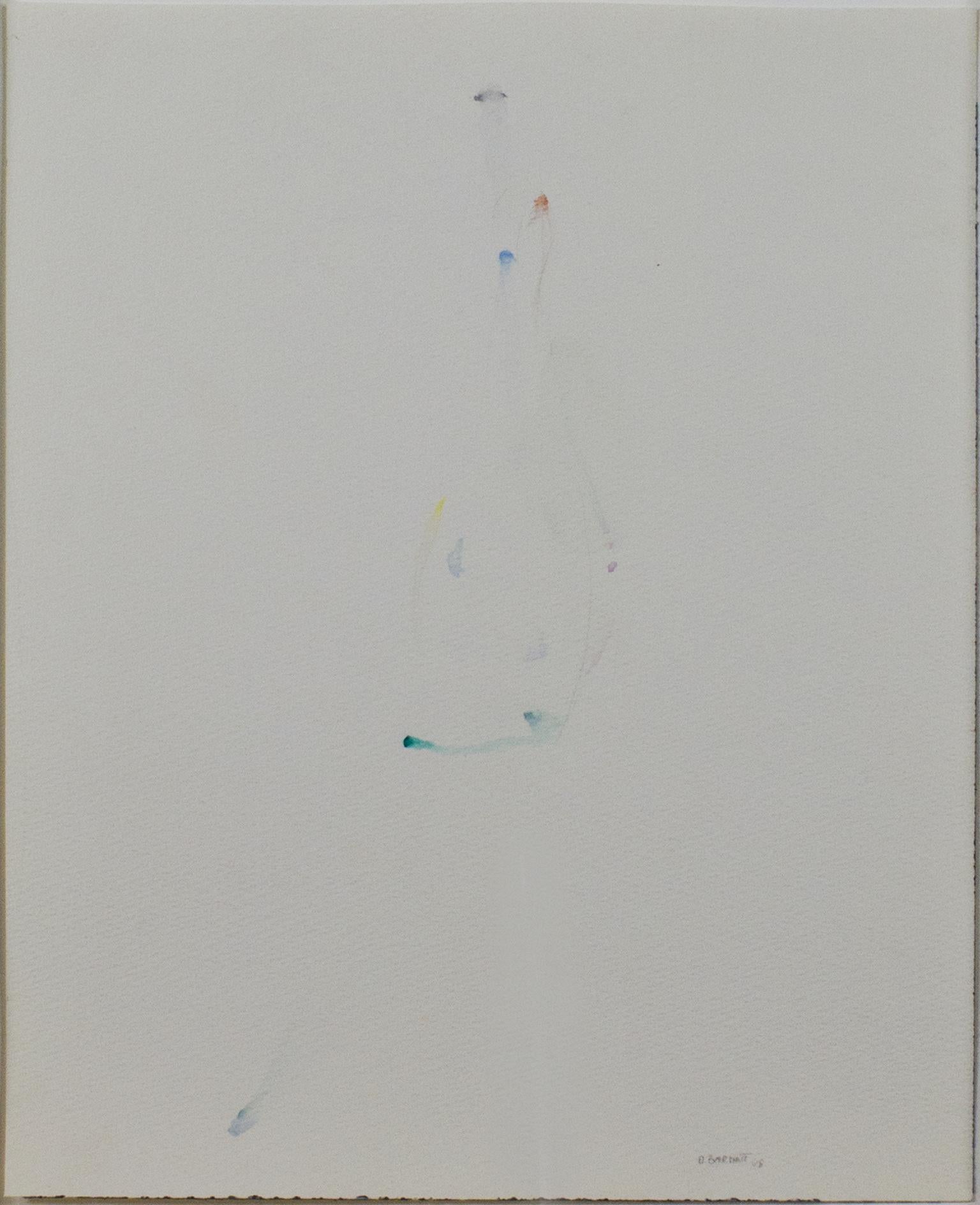 "Grand Display" is an original watercolor painting by David Barnett, signed in the lower right corner. The piece is composed of minimal brushstrokes in green, yellow, blue, and red, forming a loose triangle at the center of the image. 

Art size: 11