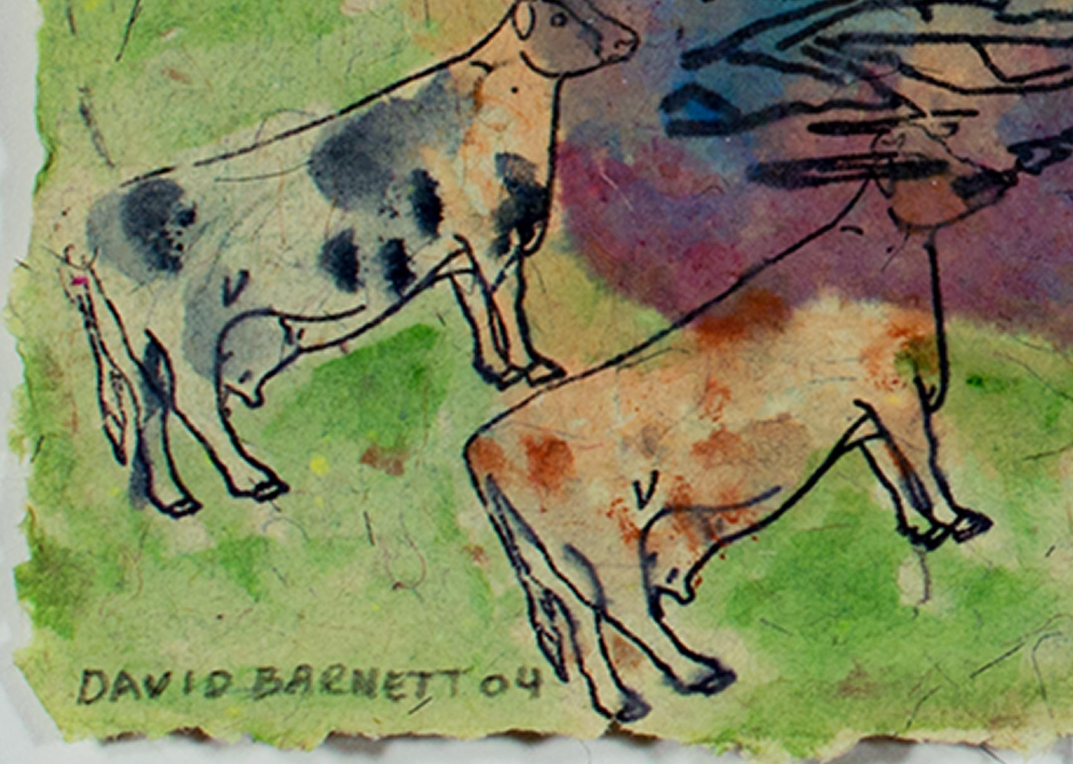 « Beaver Lake Beaver with Surround Sound Cows » signé par David et Sarah Barnett - Art de David Barnett