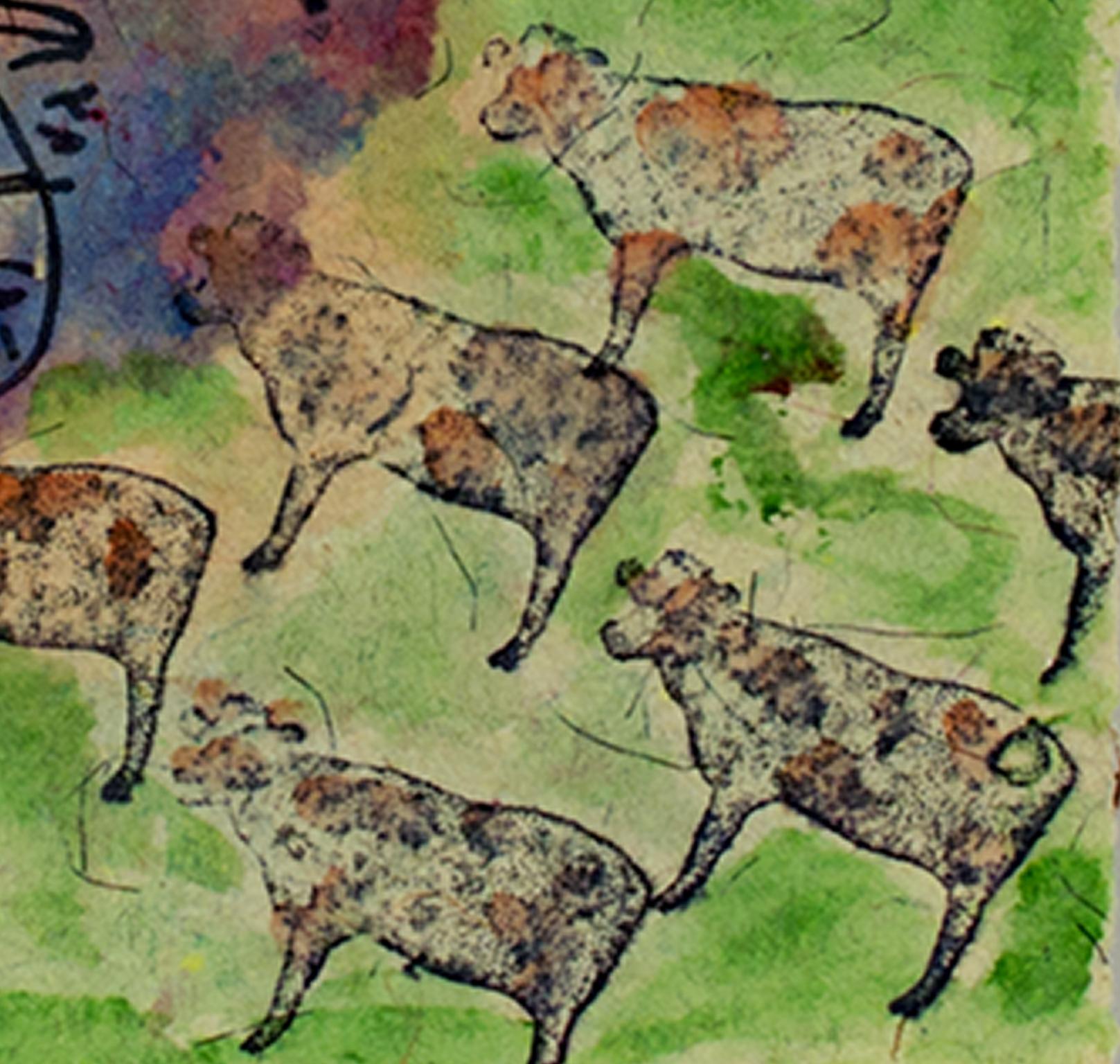 « Beaver Lake Beaver with Surround Sound Cows » signé par David et Sarah Barnett - Gris Abstract Drawing par David Barnett