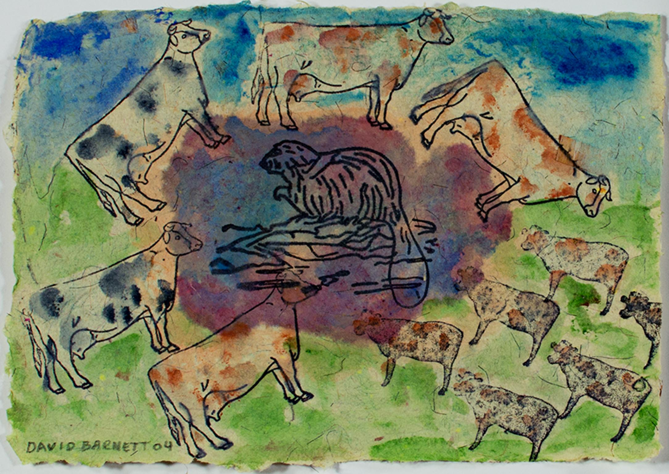 Abstract Drawing David Barnett - « Beaver Lake Beaver with Surround Sound Cows » signé par David et Sarah Barnett