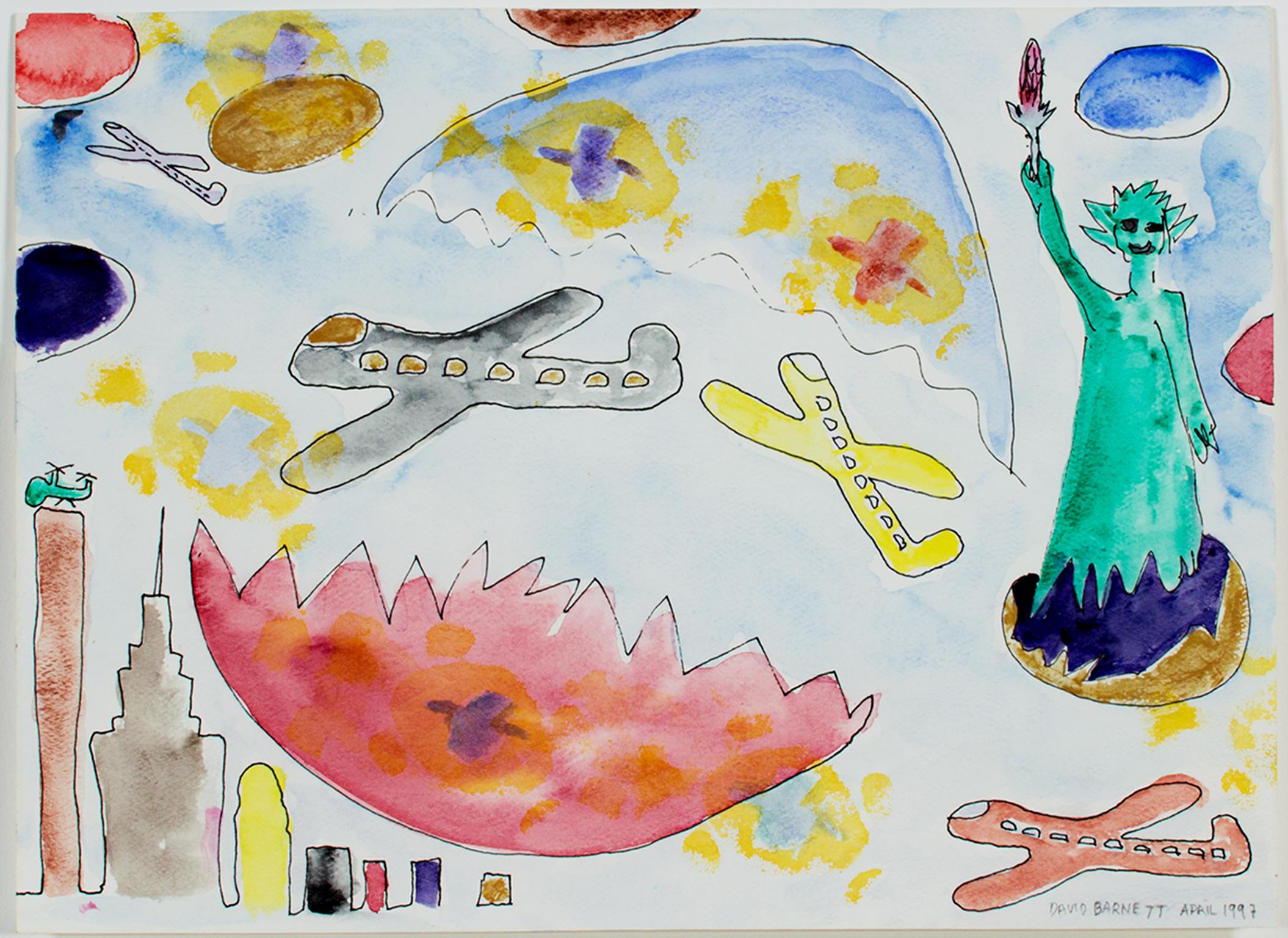 "What Came First, the Chicken or the Egg?" ist ein surrealistisches Originalwerk von David Barnett in Aquarell und Tusche, signiert in der unteren rechten Ecke.  Dieses Stück zeigt an den Rändern Teile der New Yorker Skyline, während in der Mitte