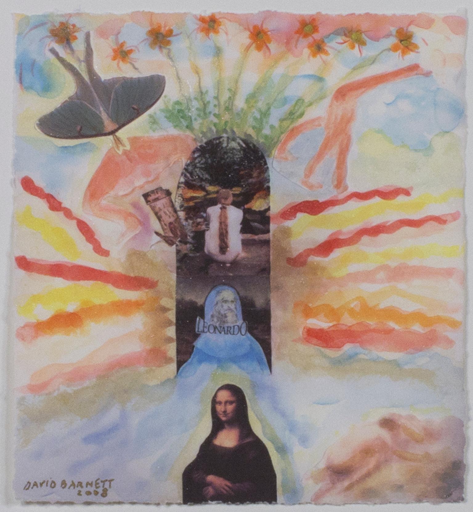 "Serie de artistas famosos: Leonardo y Rodin soñando con Jona Lisa" es una obra original en técnica mixta de David Barnett, firmada en la parte inferior izquierda.  Imágenes collage de la Mona Lisa, Leonardo y la escultura de Rodin se unen con