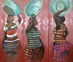 "Kaya Yei ( Head Porters) Triptych, " Acrylic on Canvas by Francis Annan Affotey