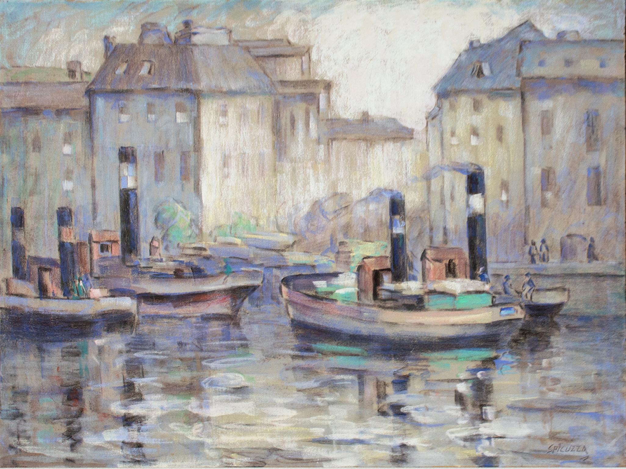 "Boats in Berlin Harbor, " Pastel on Cheesecloth by Francesco Spicuzza