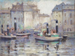 Antique "Boats in Berlin Harbor, " Pastel on Cheesecloth by Francesco Spicuzza