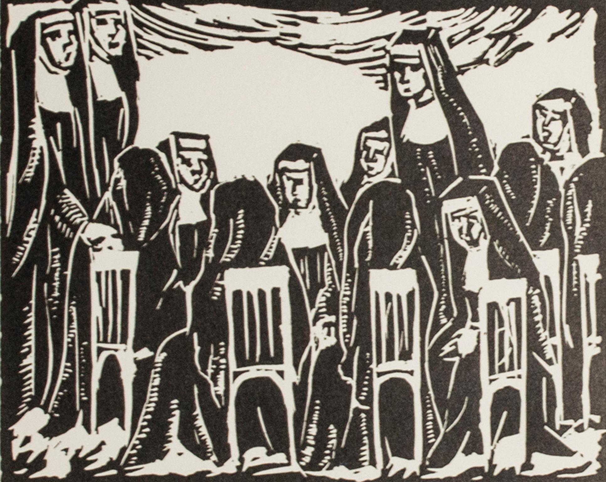 "Sisters" ist ein Original-Linoldruck von Hulda Rotier Fisher. Es zeigt eine Versammlung von Nonnen. 

Bild: 4" x 5"
Gerahmt: 12.12" x 13.12"

Hulda Rotier Fischer war eine bekannte Künstlerin und Lehrerin aus Milwaukee, Wisconsin, die seit den