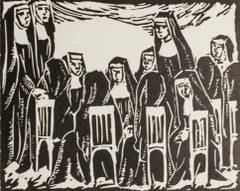 "Sisters," Portrait of Nuns Linoleum Cut by Hulda Rotier Fischer