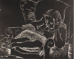 Vintage "Untitled (Girl Reading), " Wood Engraving by Stella Emma Harlos