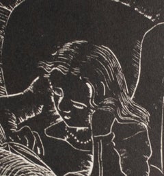 „Ohne Titel (Mädchen liest),“ Holzgravur von Stella Emma Harlos