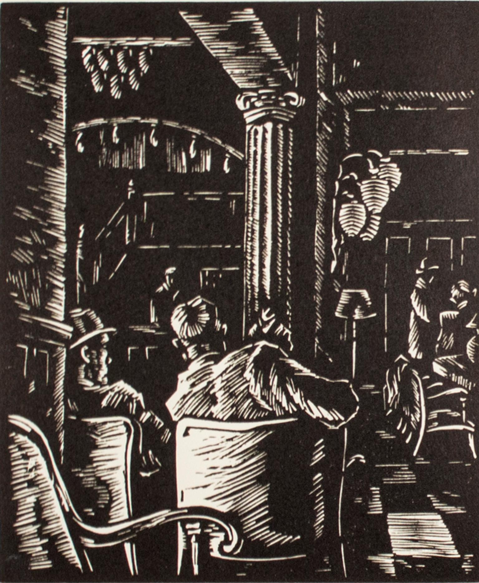 "Hotel Lobby" ist ein Original-Linoleumdruck von Alexander Tillotson. Es zeigt den Blick auf eine Hotellobby aus der Rückenperspektive zweier Männer. Die dicken Linien und der minimale negative Raum vermitteln das Gefühl, dass die Hotellobby dunkel