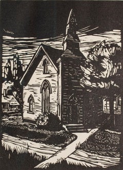 Vintage "Country Church, " Town Landscape Linoleum Cut by Elsa E. Ulbricht