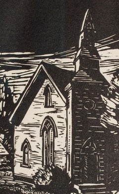 "Country Church, " Town Landscape Linoleum Cut by Elsa E. Ulbricht