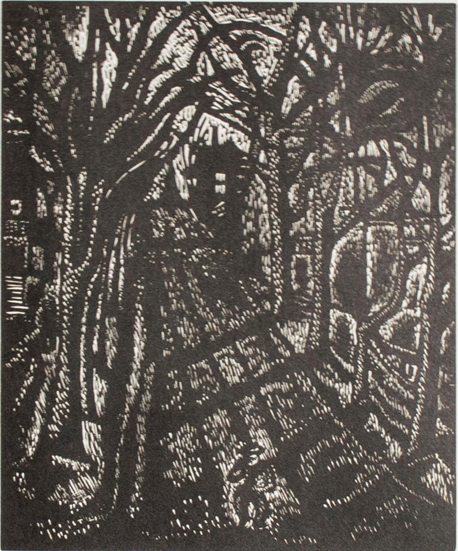 "Bäume" ist ein Original-Holzstich von Betsy Ritz Friebert. Es zeigt einen Mann, der einen breiten Weg unter hohen, kahlen Bäumen entlanggeht.

Bild: 6" x 5"
Gerahmt: 13,75" x 14,75"

Betsy Ritz schrieb sich 1928 am Milwaukee State Teachers College