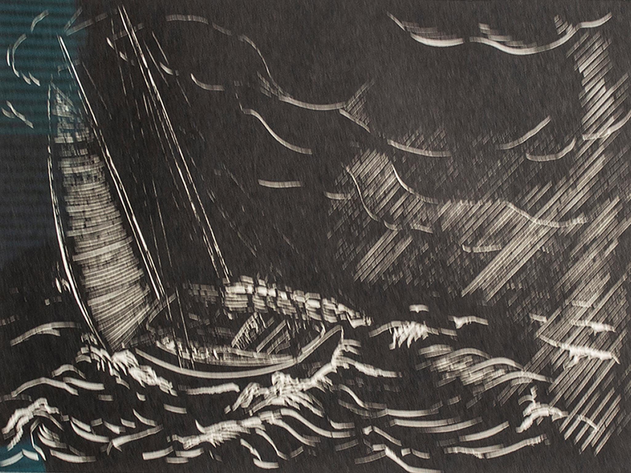 "Squall, " Sailboat Maritime Scene Wood Engraving by Lowell Merritt Lee