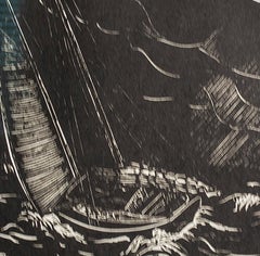 "Squall, " Sailboat Maritime Scene Wood Engraving by Lowell Merritt Lee