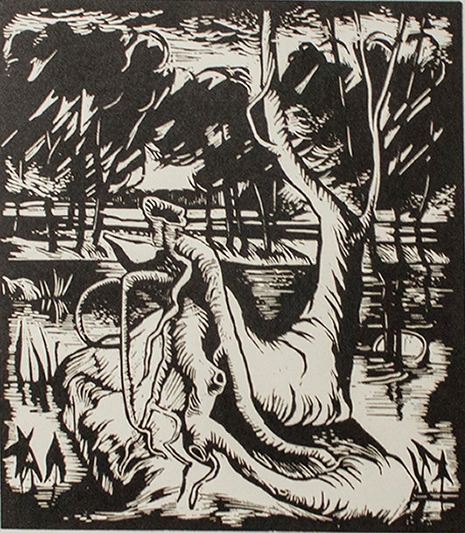 "Flood Waters" è un'incisione su legno originale di Harold Wescott, che raffigura un albero al centro, con le radici che si avvolgono languidamente su una forma. Le acque alte salgono dal retro. Non firmato, come emesso.

Immagine: 6.13" x