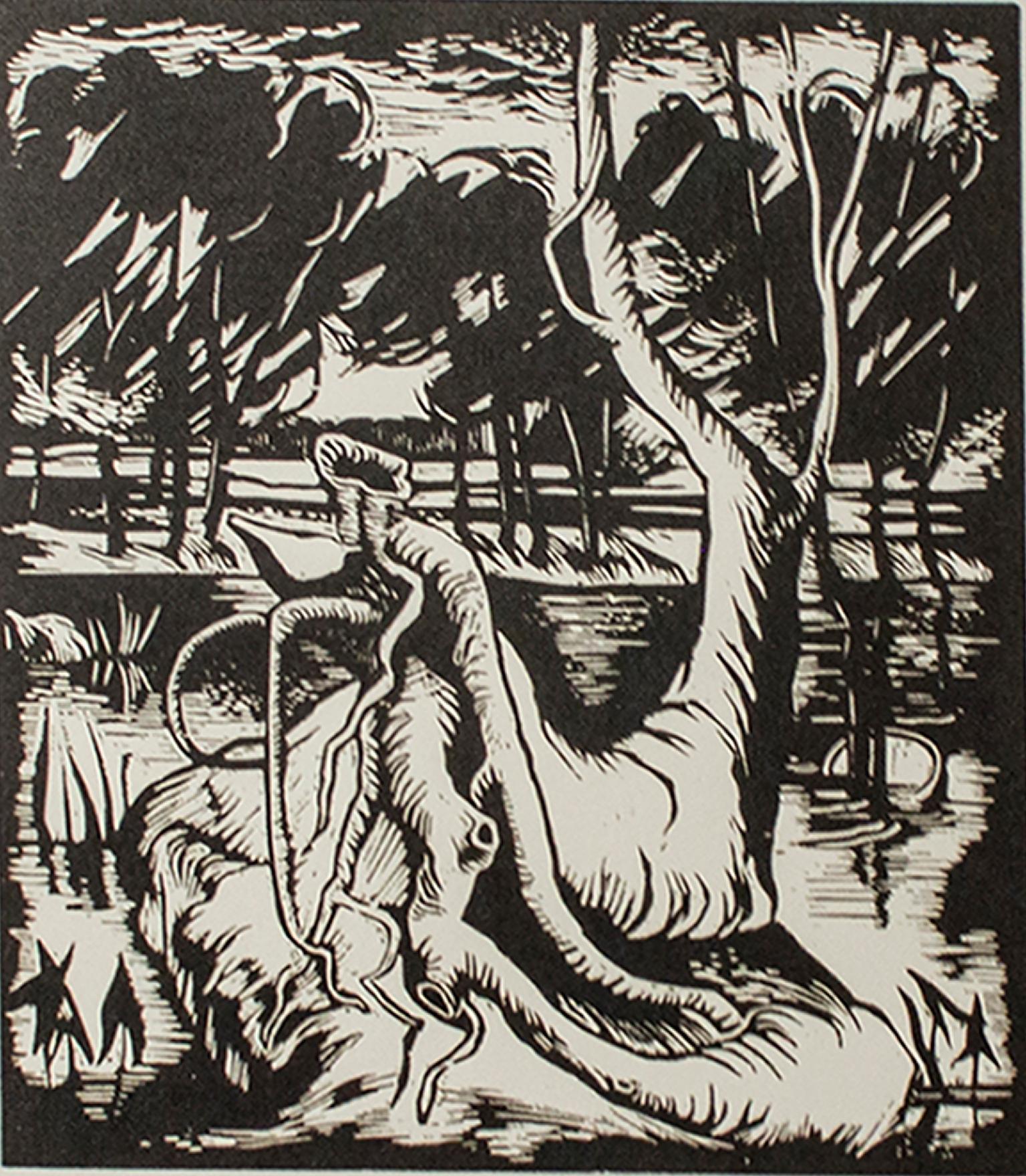 "Flood Waters" est une gravure sur bois originale de Harold Wescott. Elle représente un arbre au centre, dont les racines s'enroulent langoureusement autour d'une forme. Les hautes eaux s'élèvent à l'arrière.

Image : 6.13" x 5"
Encadré : 16,37" x