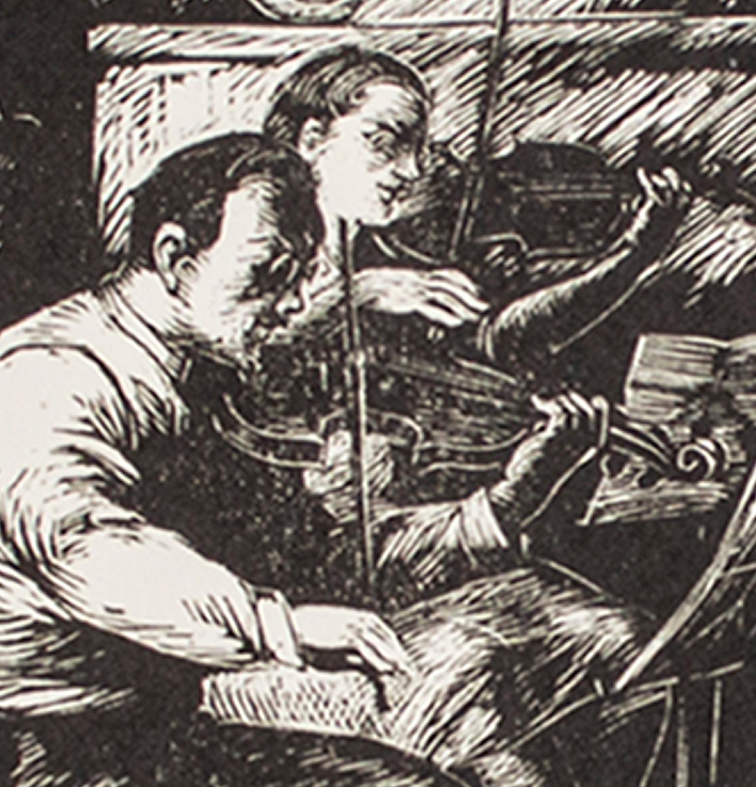 20th century woodcut ink black and white figures musical instruments dramatic - Print by Robert Franz Von Neumann