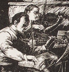 20e siècle gravure sur bois à l'encre noir et blanc personnages instruments de musique dramatique