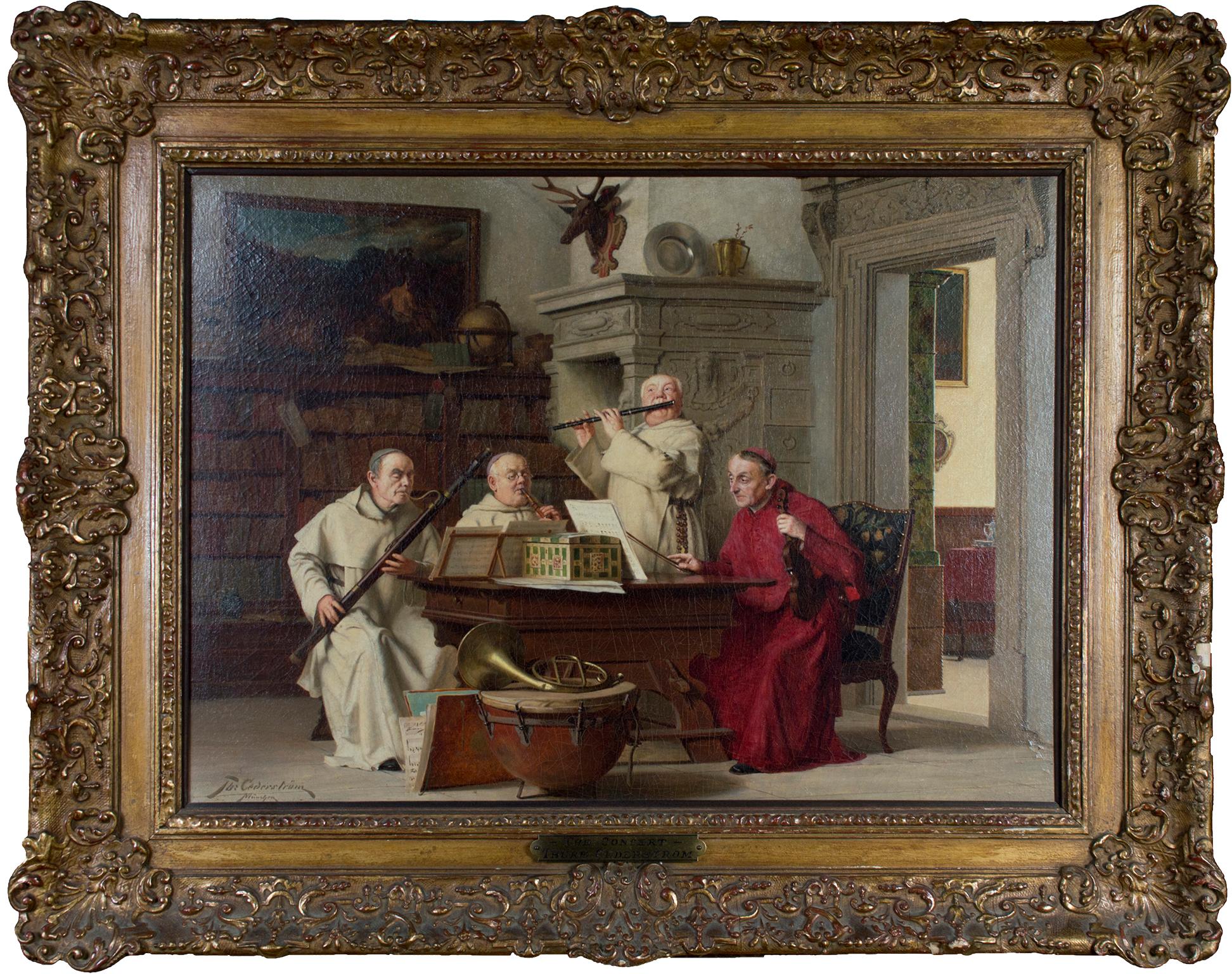 Thure Cederstrom Figurative Painting – „The Concert“, Öl auf Leinwand, Porträt von Monken, die Instrumente spielen, Öl