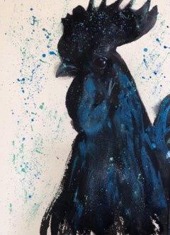 „Ayam Rooster“, blau-schwarzes Aquarell auf Papier, Porträt von Julia Taylor