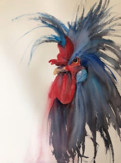 "Beelzebub, " Watercolor on Paper Portrait of an Fierce Rooster by Julia Taylor