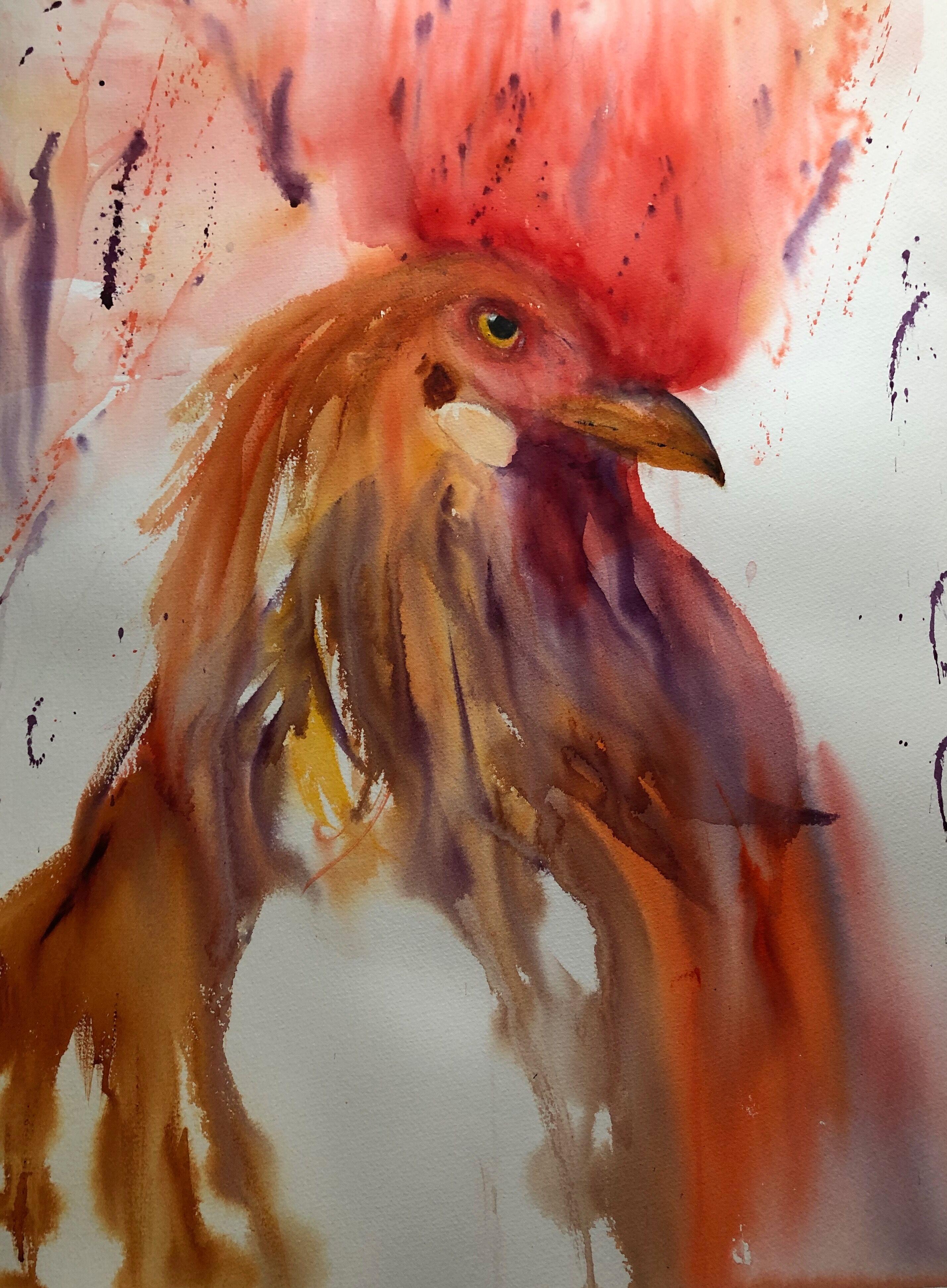 "Cocksure" ist ein Original-Aquarell von Julia Taylor. Dieser Hahn hat einen stolzen Blick. Sein Kamm ist leuchtend rot und eher abstrakt. Seine anderen Federn weisen die typischen goldenen Farbtöne eines Huhns auf. 

Bild: 30 x 22 Zoll
Gerahmt: