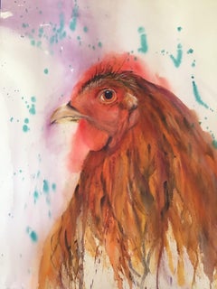 « In a Brown Study », aquarelle - Portrait d'une Hen signée par Julia Taylor