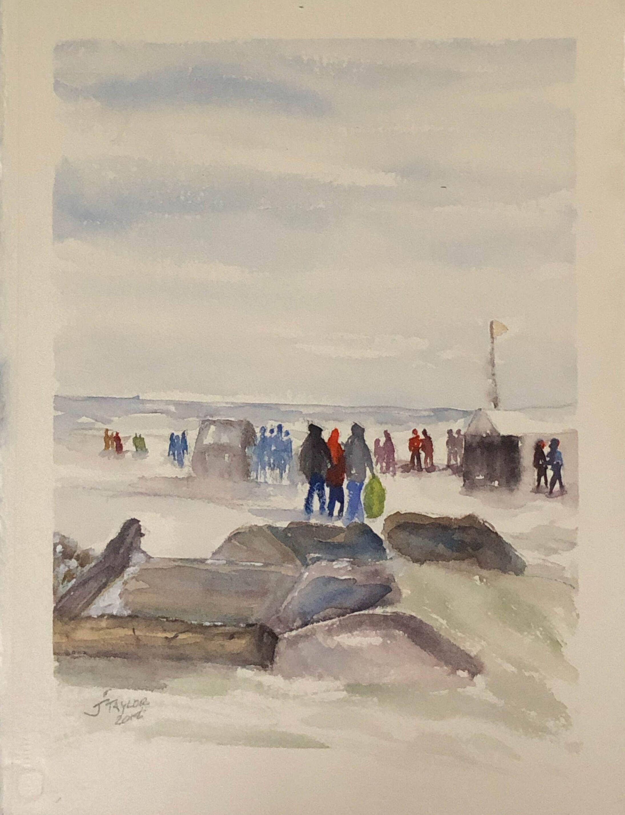 "Polar Bear Plunge Bradford Beach" an original watercolor signed by Julia Taylor. This winter scene shows a Polar Bear plunge held in Milwaukee, Wisconsin. In the foreground are many stones and logs. There are many figures dressed in coats and hats