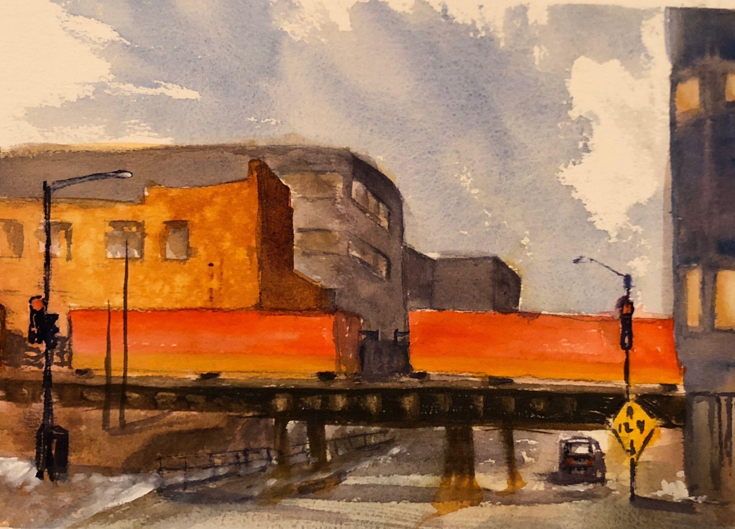 "Railroad Bridge on Pittsburgh Street" est une aquarelle originale de Julia Taylor.  Cette scène de ville représente la rue Pittsburgh à Milwaukee, Wisconsin. Il s'agit d'une scène d'hiver avec un ciel gris et de la neige au sol. Deux semi-remorques