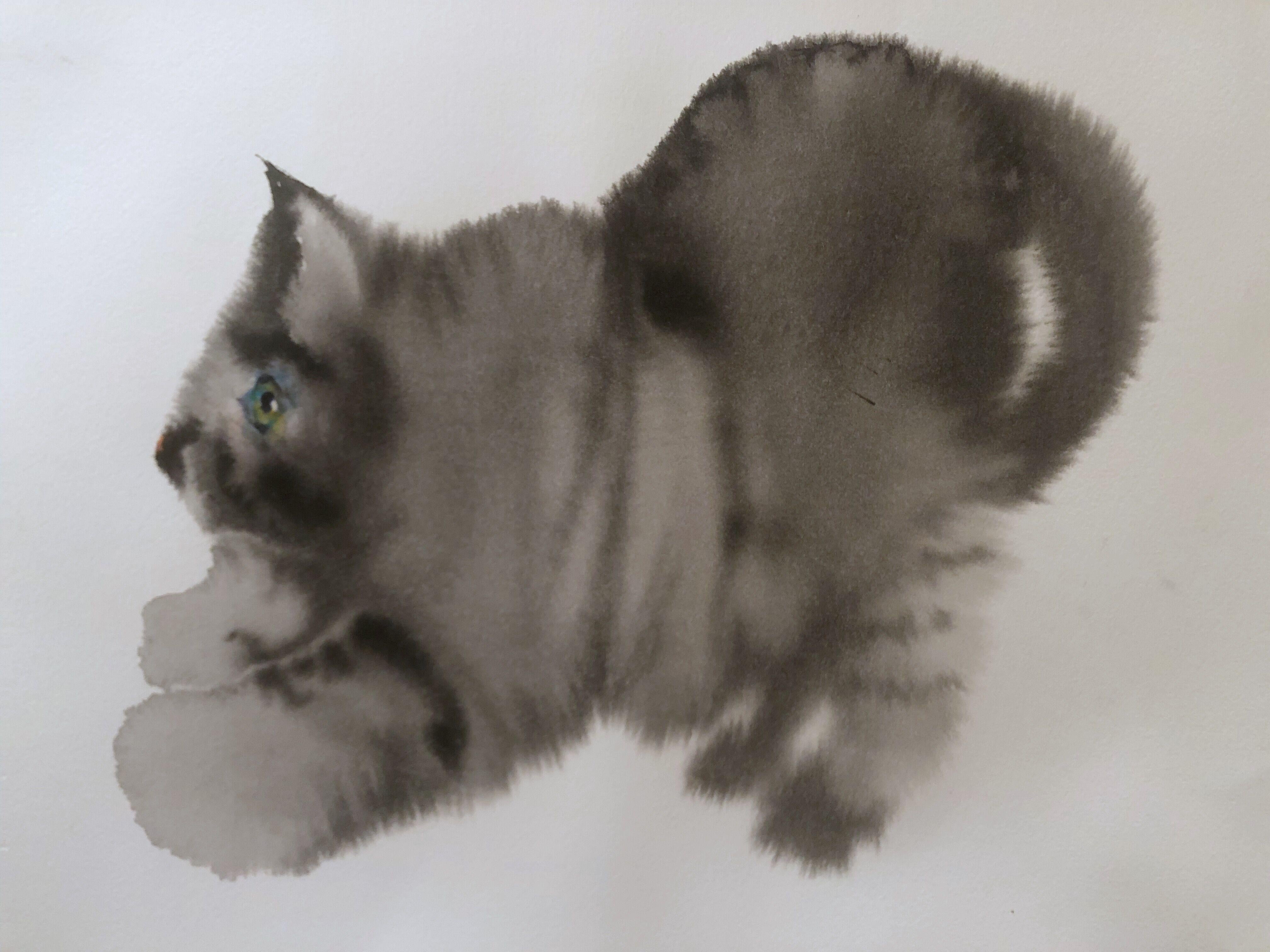 "Scaredy Cat" est une aquarelle originale de Julia Taylor. Le sujet est un chat pelucheux dont le dos est arqué de terreur. Tous les poils du chat sont peints sur la pointe.

Image : 15 x 22 in
Cadre : 19.25 x 25.75 in